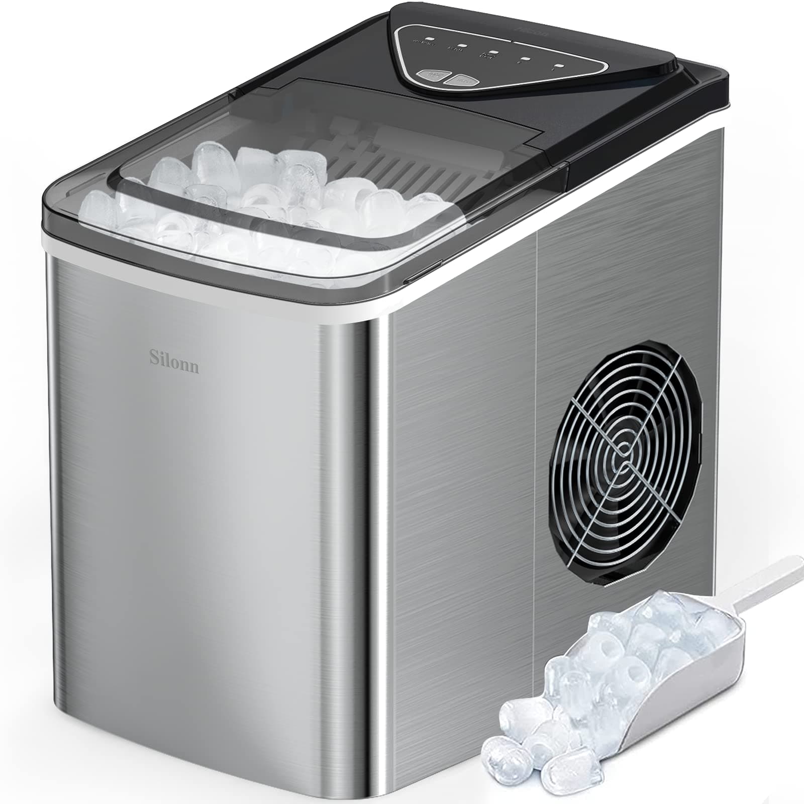 Ice Makers Countertop, 9 Cubes Ready in 6 Mins, 26lbs in 24Hrs, Self-Cleaning Ice Machine with Ice Scoop and Basket, 2 Sizes of Bullet Ice, Stainless Steel
