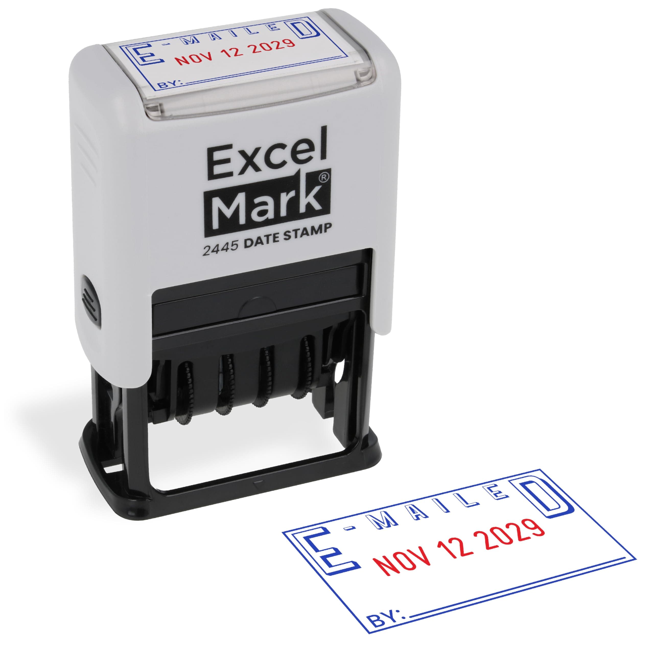 ExcelMark 2445 Date Stamp with Text - Blue and Red Ink (Gray Mount, Emailed)