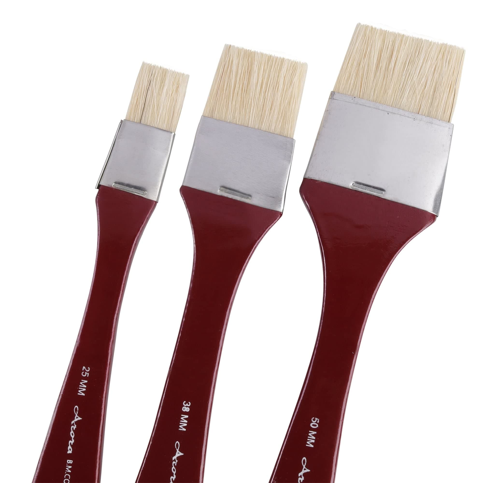 Arora Long Handle Flat Hog Hair Paint Brush Set of 1 inch , 1.5 Inch and 2 Inch for Oil Color Painting