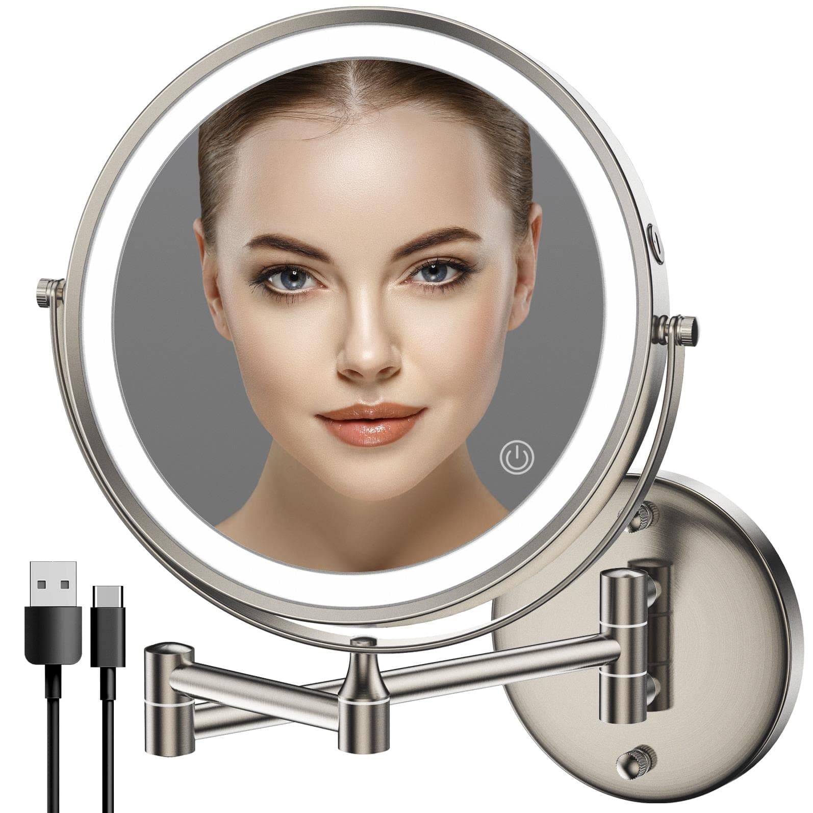 Rechargeable Wall Mounted Lighted Vanity Mirror Nickel, 8 Inch Double-Sided LED Makeup Mirror 1X/10X Magnification,3 Color Lights Touch Screen Dimmable 360°Swivel 13 Inch Extendable Bathroom Mirror