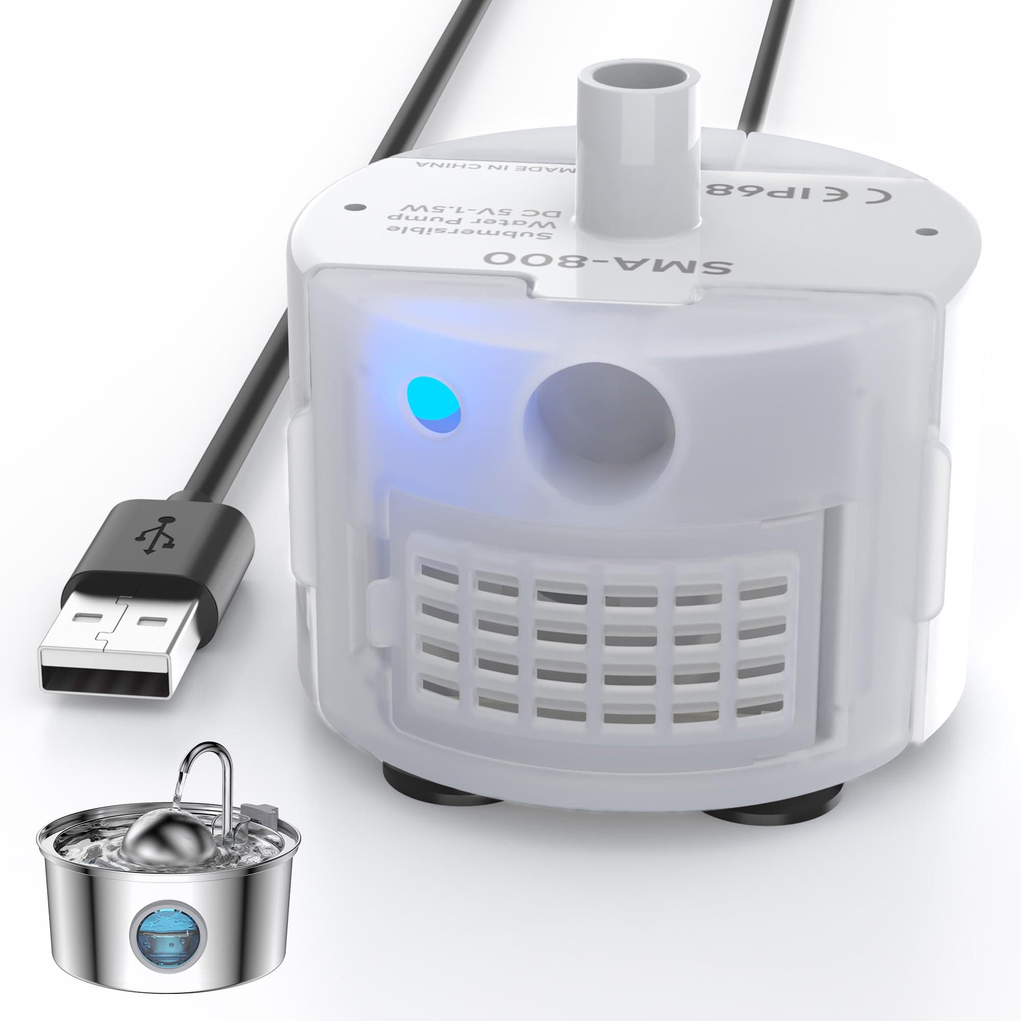AONBOY Cat Fountain Pump with LED Light, USB Jack, Suitable for 108oz/3.2L Cat Water Fountain Stainless Steel(S3-SC), Ultra Quiet, Super Waterproof, Long Lifespan, Good After-Sales Service