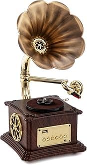 Mini Gramophone Vintage Copper Horn Record Player with Bluetooth, USB, AUX, FM Radio and Built-in Speakers for Gift Home Decor