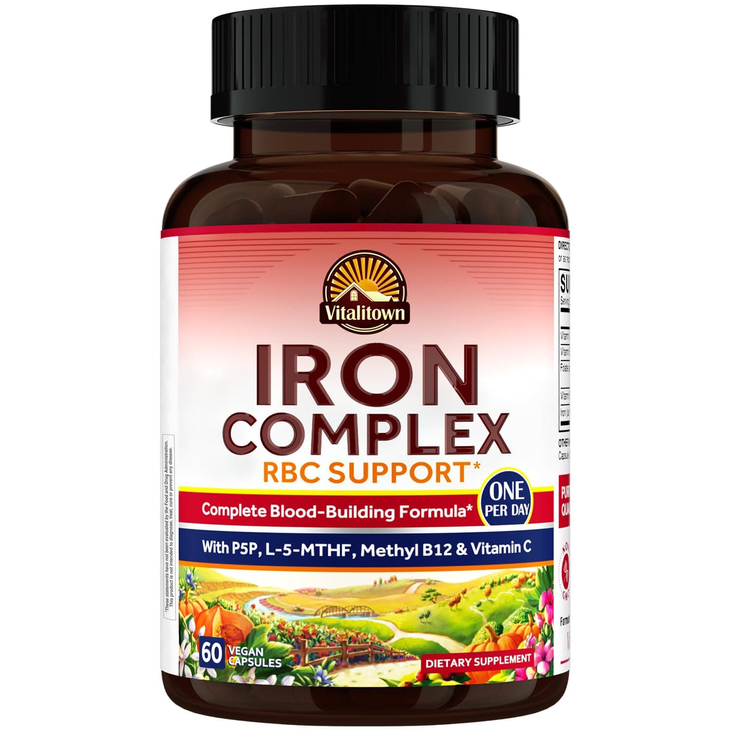 Vitalitown Iron Complex, Complete Blood Building Formula, Ferrous Bisglycinate, Active B6, Folate, B12, Red Blood Cell Support, Best Absorption, Once Daily, 60 Vegan Caps