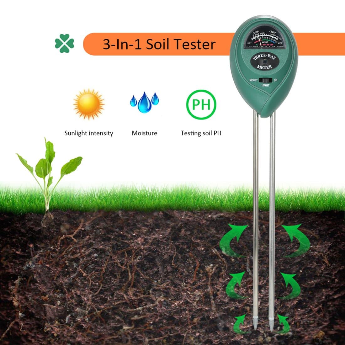 Soil Tester Plant Moisture Meter Light and PH Acidity Tester Plant Soil Tester Kit Hygrometer 3-in-1 for Garden,Farm,Lawn,Indoor,Outdoor Plants Care by Hmjunboys (No Battery Needed).