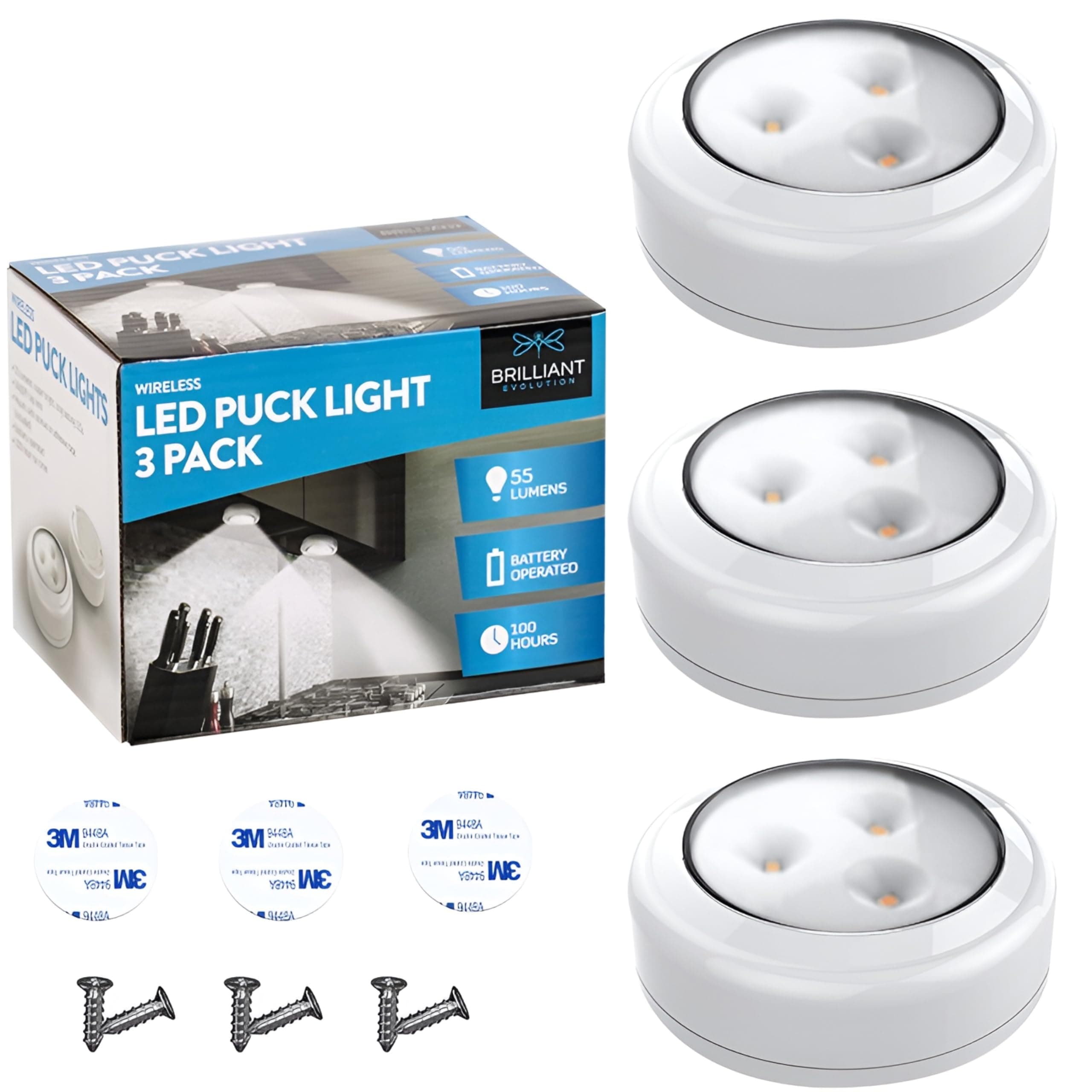 Bright Evolution Under Cabinet Lights - Battery Operated Cabinet Lighting with Tap Technology - LED Puck Lights for Kitchen - Stick On Lights for Shelves and Closets - Wireless Lighting Solution