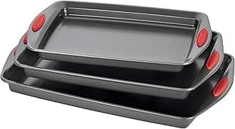 Rachael Ray Bakeware Nonstick Cookie Pan Set, 3-Piece, Gray with Red Grips