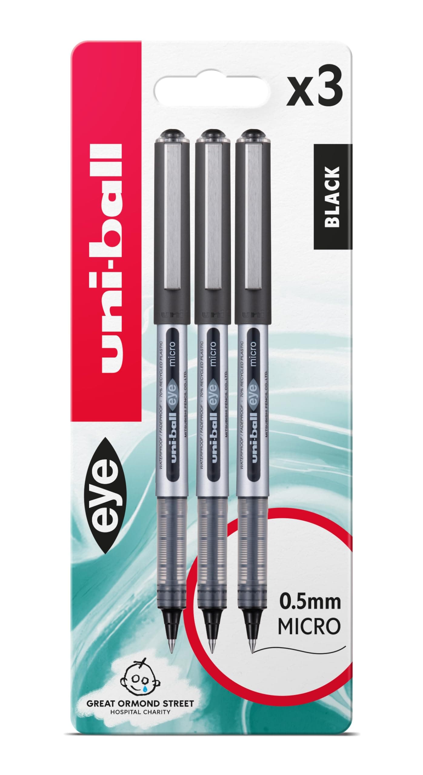 uni-ball UB-150 Eye Black Rollerball Pens. Premium Micro 0.5mm Ballpoint Tip for Super Smooth Handwriting, Drawing, Art, Crafts and Colouring. Fade and Water Resistant Liquid Uni Super Ink. 3 Pack