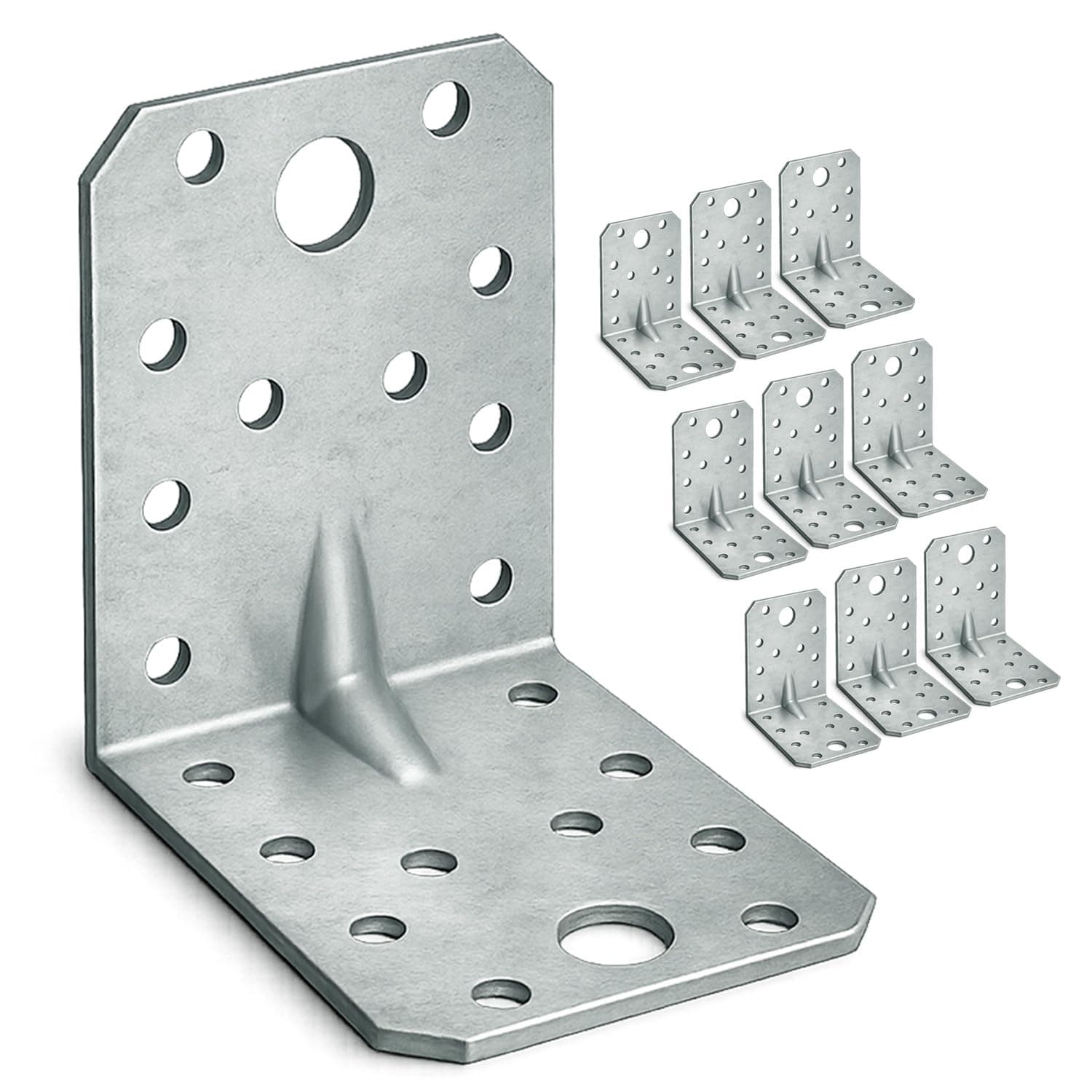 10 x Angle Brackets (70 x 70 x 55 x 2) Heavy Duty Corner Sleeper Bracket with Beading Timber Wood Metal Joining Fixing L Galvanised Steel Sheet Connector