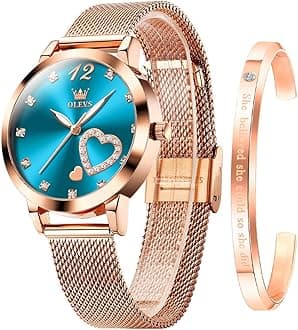 OLEVS Ladies Watches Rose Gold Stainless Steel Mesh Strap Heart Diamond Fashion Dress Japanese Quartz Waterproof Luminous Bracelet Sets, Blue, bracelet