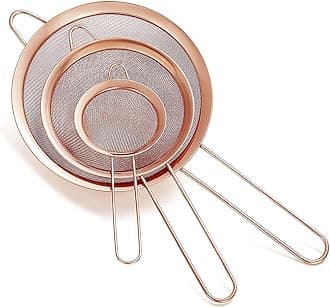 HOMQUEN Copper Fine Mesh Strainer 3 Pieces Set, Rose Gold Flour Sifter For Baking, Stainless Steel Clander, Copper Matcha Tea Strainer, Gravy Separator, Stasher Sieve Pasta Strainers