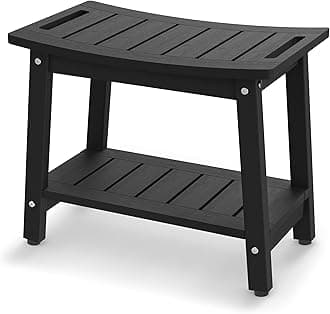 Shower Bench for Inside Shower - Black HDPE Shower Stool Waterproof - Spa Bathroom Seat Chair with Handle, Storage Shelf, Adjustable Feet - Indoor/Outdoor, Weather Resistant