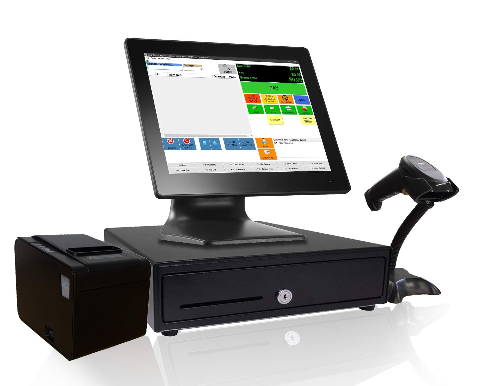 Retail Point of Sale System - Includes Touchscreen PC, POS Software (CRE Monthly), Receipt Printer, Barcode Scanner, Cash Register Drawer, and Label Printer