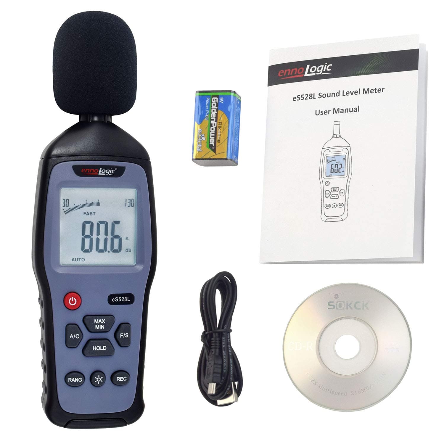 Decibel Meter and Recorder eS528L with Updated 2023 Software – Digital Sound Level Meter, Noise Logger and Tester – Max/Min/Hold, Range 30-130 dBA