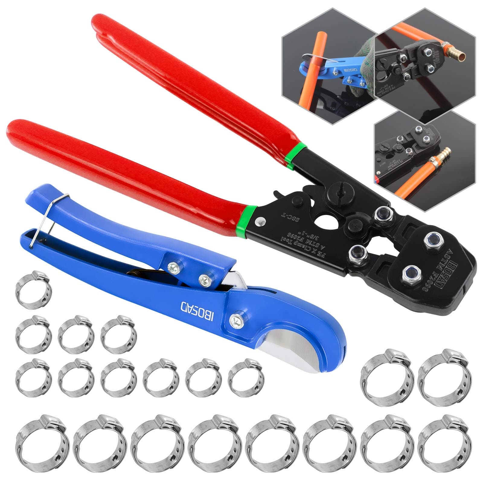 IBOSAD PEX Pipe Clamp Cinch Tool Crimping Tool Crimper for Stainless Steel Clamps from 3/8-inch to 1-inch with 1/2-inch 10PCS and 3/4-inch 10PCS SS PEX Clamps