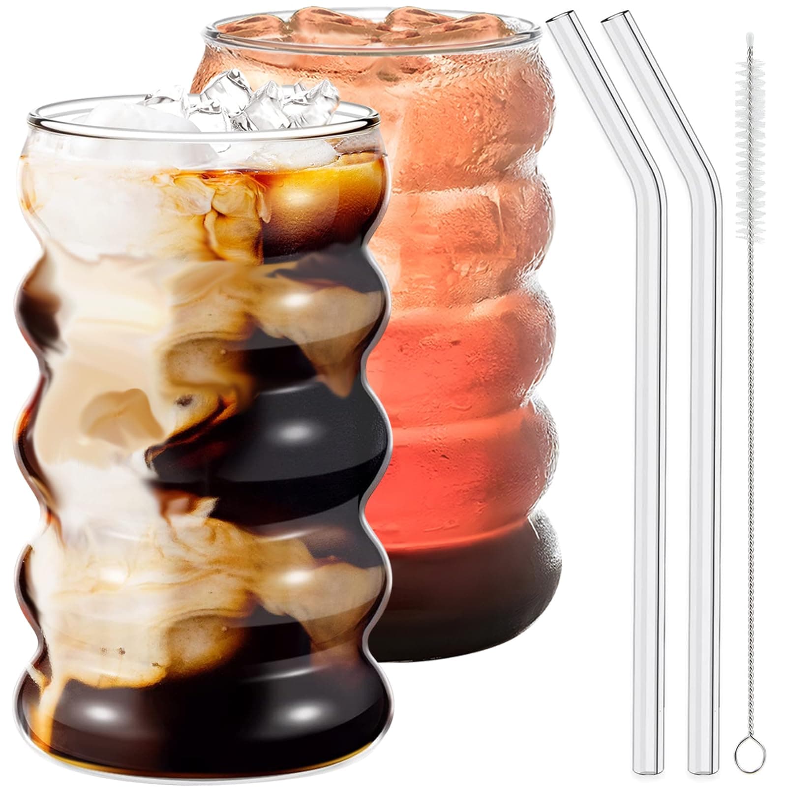 Ework4U 2 Pcs Drinking Glasses with Glass Straws, 20oz Iced Coffee, Milk Tea, Fruit Smoothie Glasses - Ideal for Water, Soda, Tea - Gift Set with Cleaning Brush