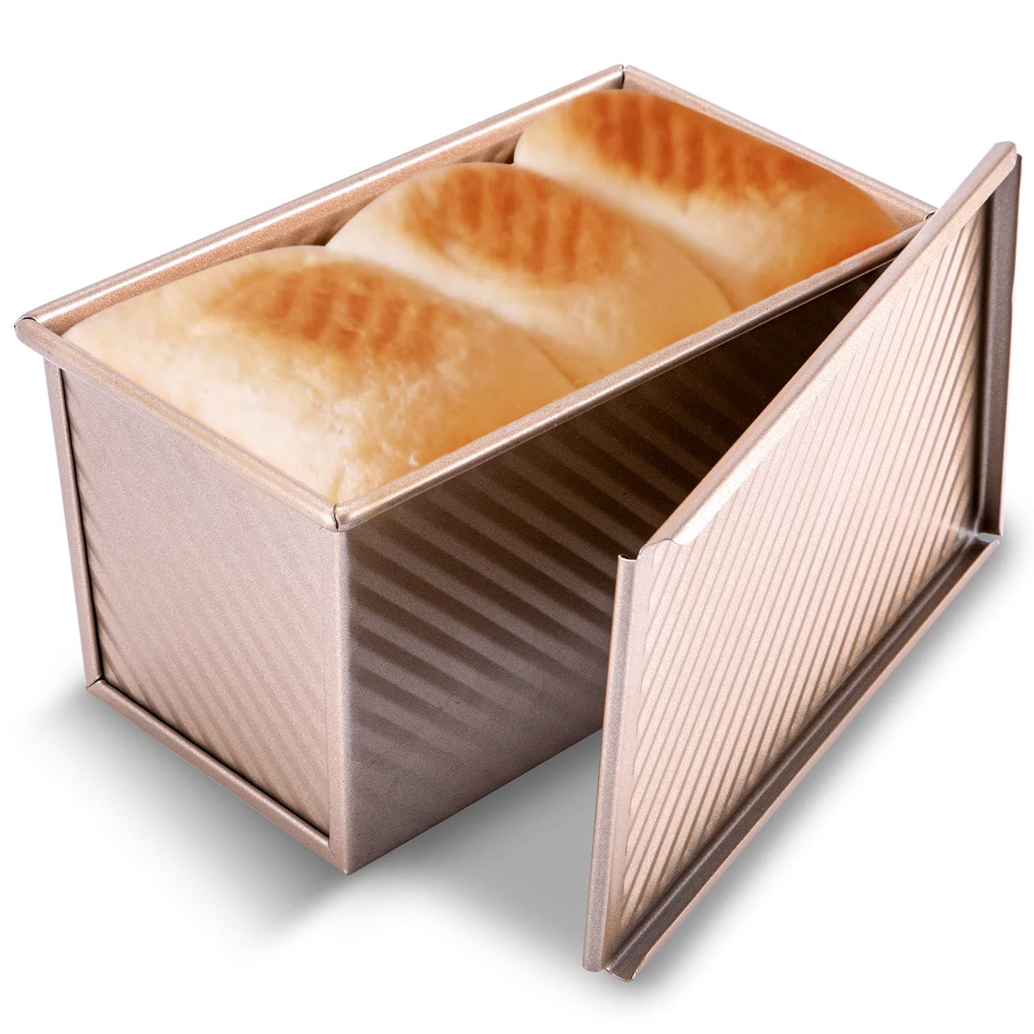 Pullman Loaf Pan with Lid, 1 lb Dough Capacity Non-Stick Bakeware for Baking Bread, Carbon Steel Corrugated Bread Toast Box Mold with Cover for Baking Bread, Gold