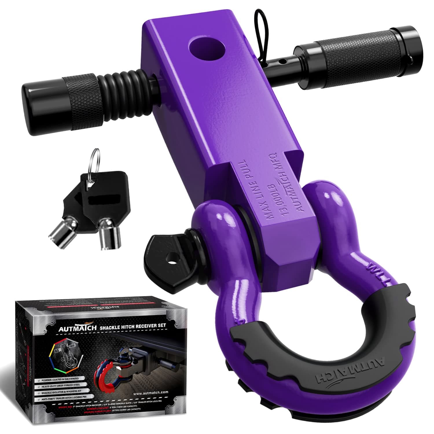 AUTMATCH Shackle Hitch Receiver 2 Inch - 3/4" D Ring Shackle and 5/8" Trailer Hitch Lock Pin, 45,000 Lbs Break Strength Heavy Duty Receiver Kit for Vehicle Recovery, Purple