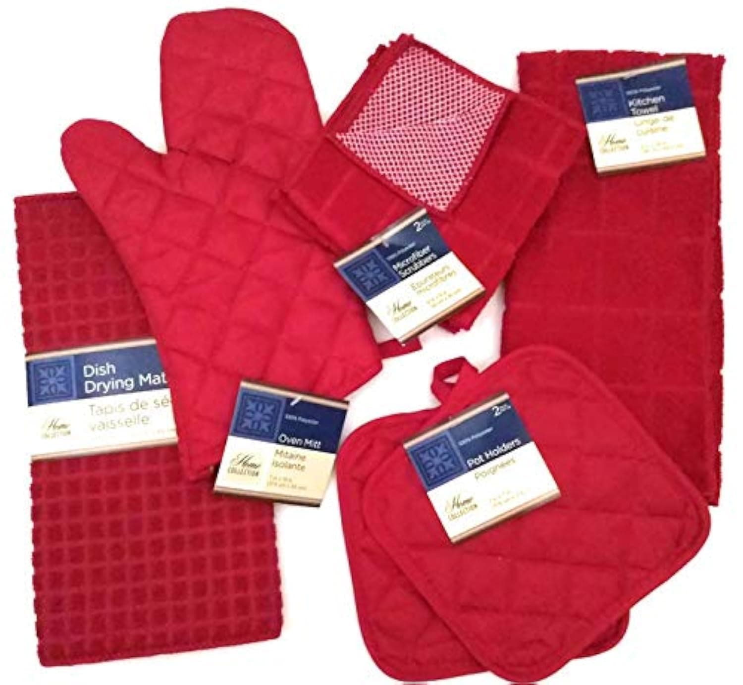 Kitchen Towel Set with 2 Quilted Pot Holders, Oven Mitt, Dish Towel, Dish Drying Mat, 2 Microfiber Scrubbing Dishcloths (Red)