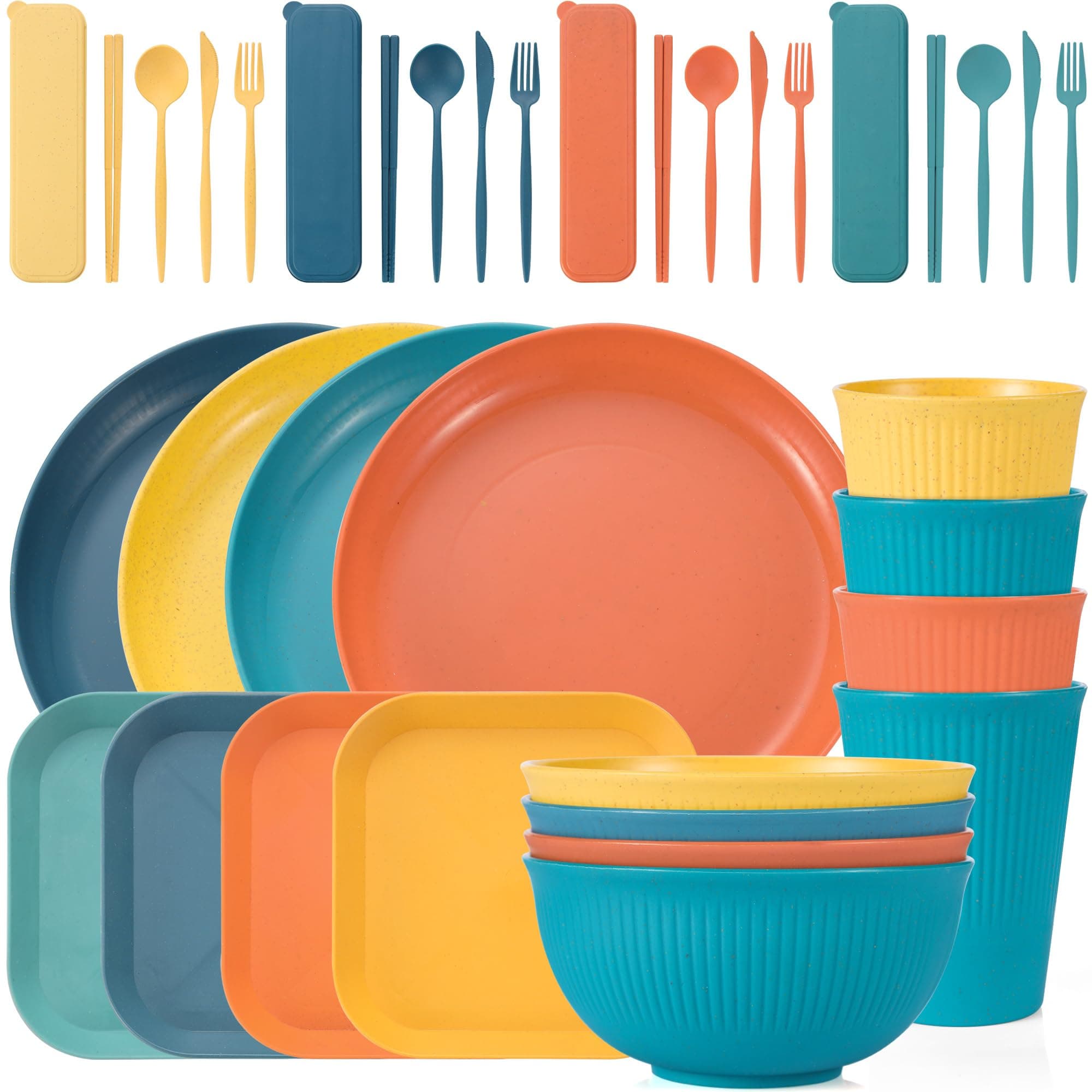36PCS Wheat Straw Dinnerware Sets - Reusable Plates and Bowls Sets, Unbreakable Cups, Knives, Forks, Spoons & Chopstick, Microwave, Dishwasher Safe Tableware Kitchen Outdoor Camping Presents