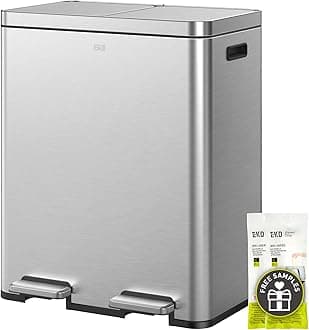 EKO Edison Dual Trash Can for Recycling and Trash, 8+8 Gallons Kitchen Trash Cans with Dual Removable Inner Liners, Independent Lids and Pedals, Matte Stainless Steel