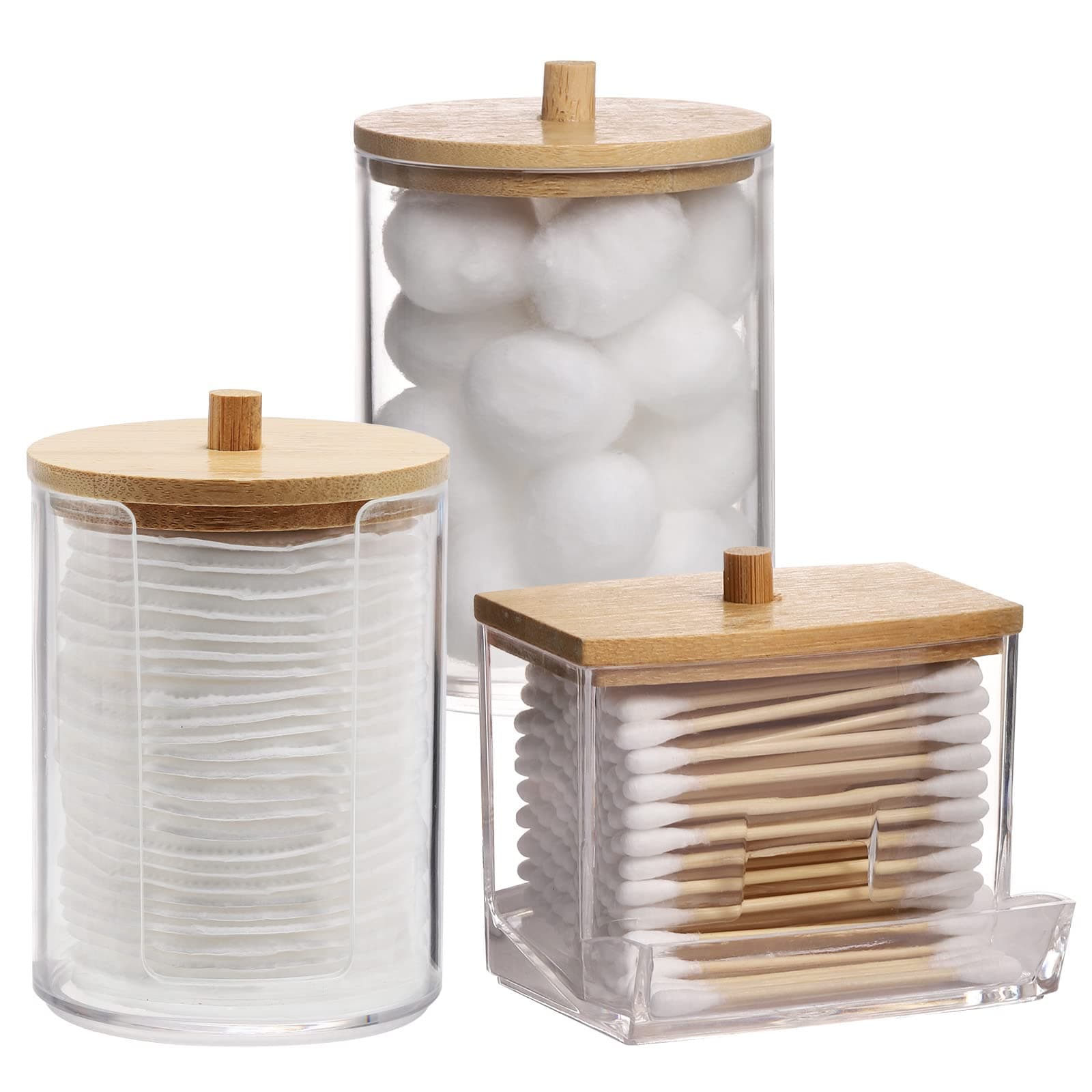 Tbestmax Bathroom Organizer Accessories Set-10 OZ Qtips Holder Storage with Bamboo Lids, Cotton Ball/Swabs Dispenser, Apothecary Container Jar 3 Pcs