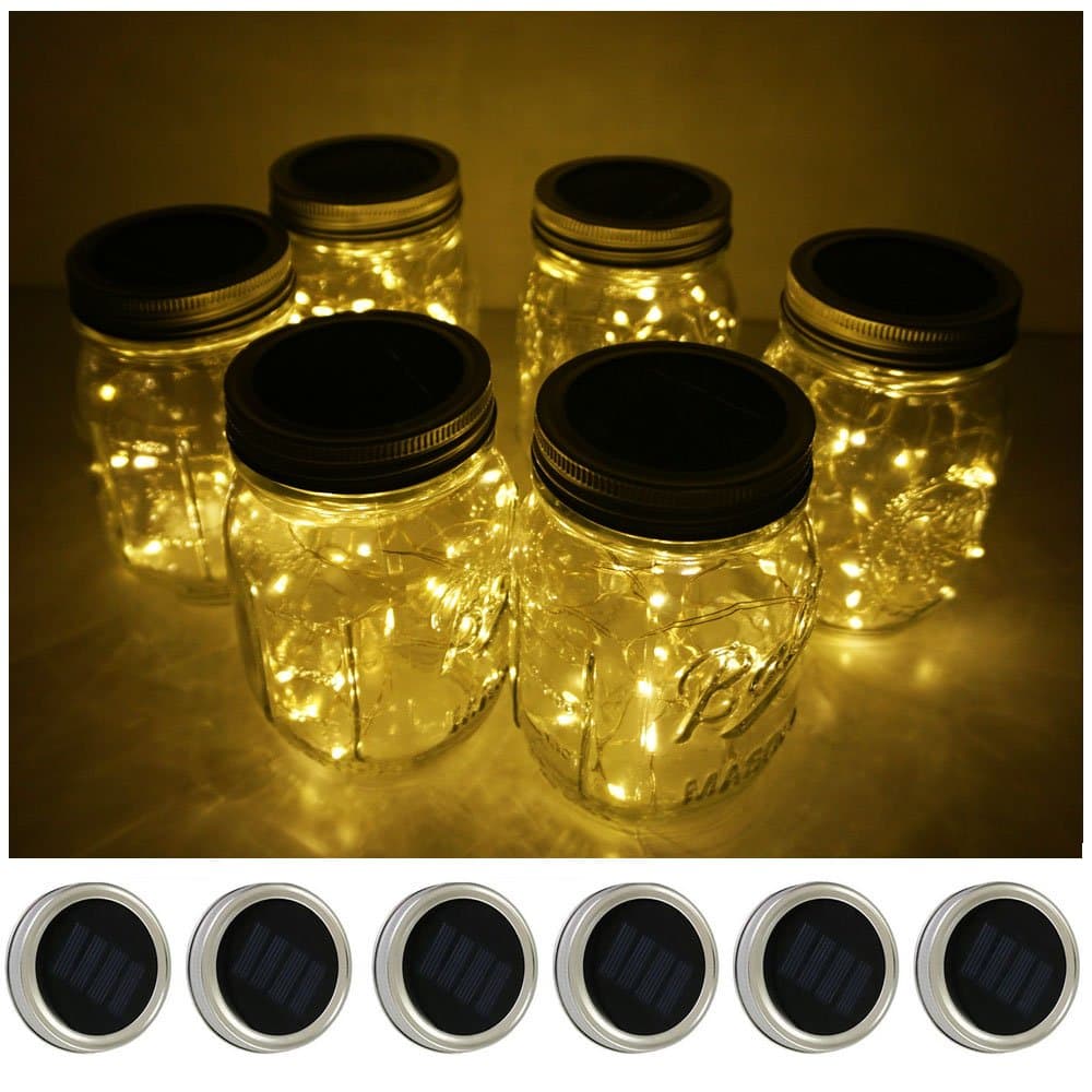 Decorman Solar Mason Jar Lid Lights, 6 Pack 20 LED Waterproof String Fairy Star Firefly Jar Lids Lights for Patio Garden Yard Lawn Party Wedding Christmas Decoration(Jars & Hangers Not Included)