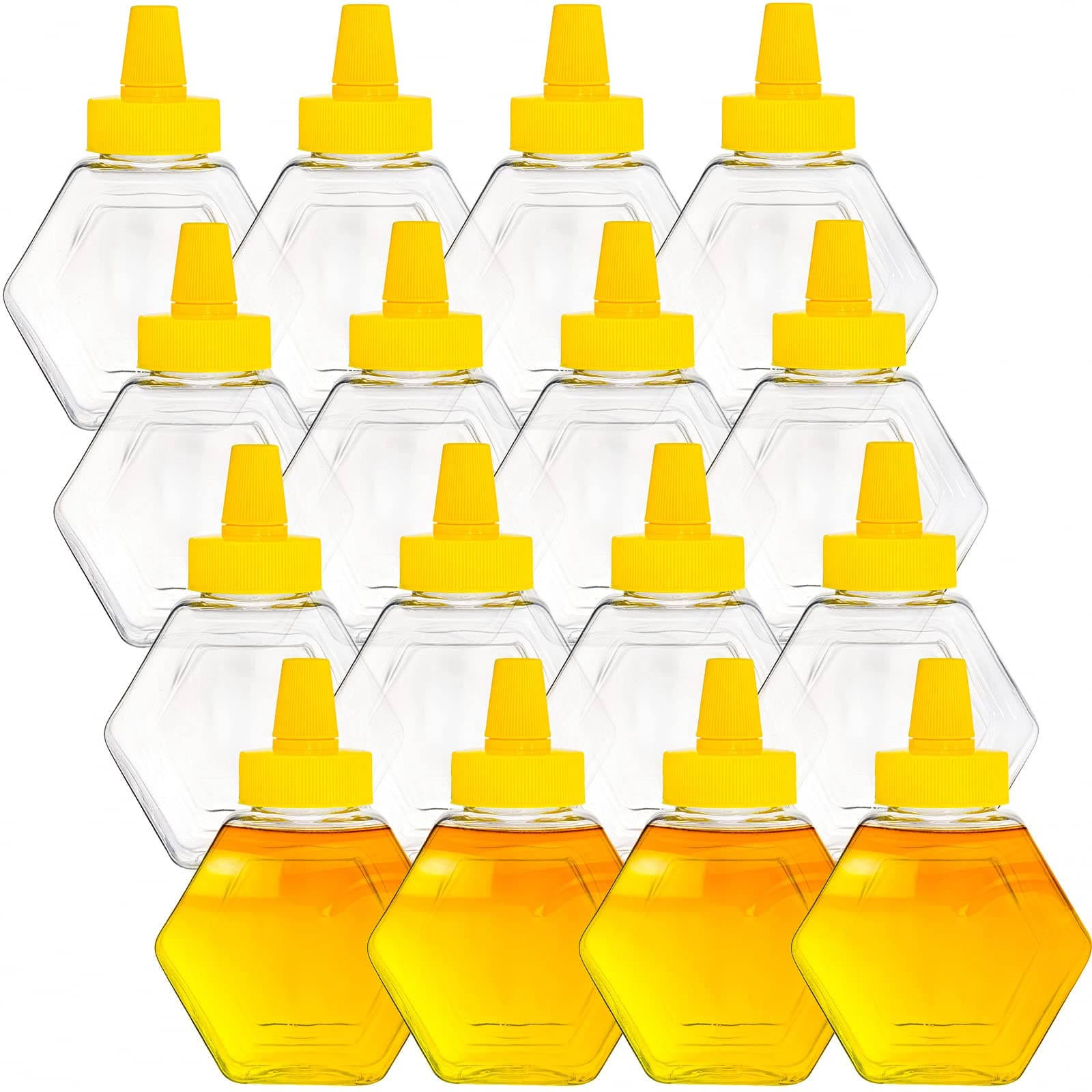 Elsjoy 16 Pack Plastic Honey Bottle Jars, 7 Oz Squeeze Bottles Empty Jars with Spout, Refillable Condiment Bottles Clear Container for Storing and Dispensing, Hexagon Shape