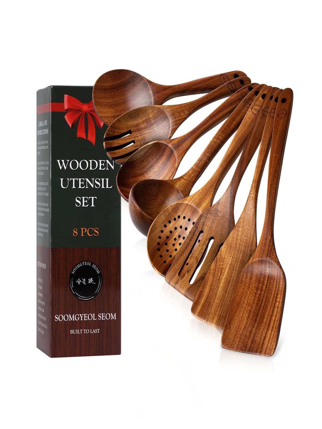 Natural Teak Wood Kitchen Utensil Set - 8 Piece Non-Stick Cooking Spoons & Spatulas, Heat Resistant & Eco-Friendly, Durable Wooden Tools for Nonstick Cookware