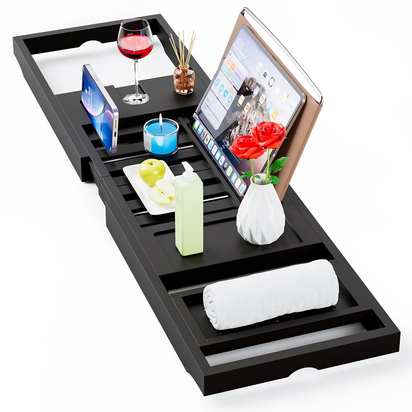 Yirilan Foldable Bathtub Caddy - Expandable Bath Tray - Unique House Warming Gifts, New Home, Anniversary & Wedding Gifts for Couple-BLACK