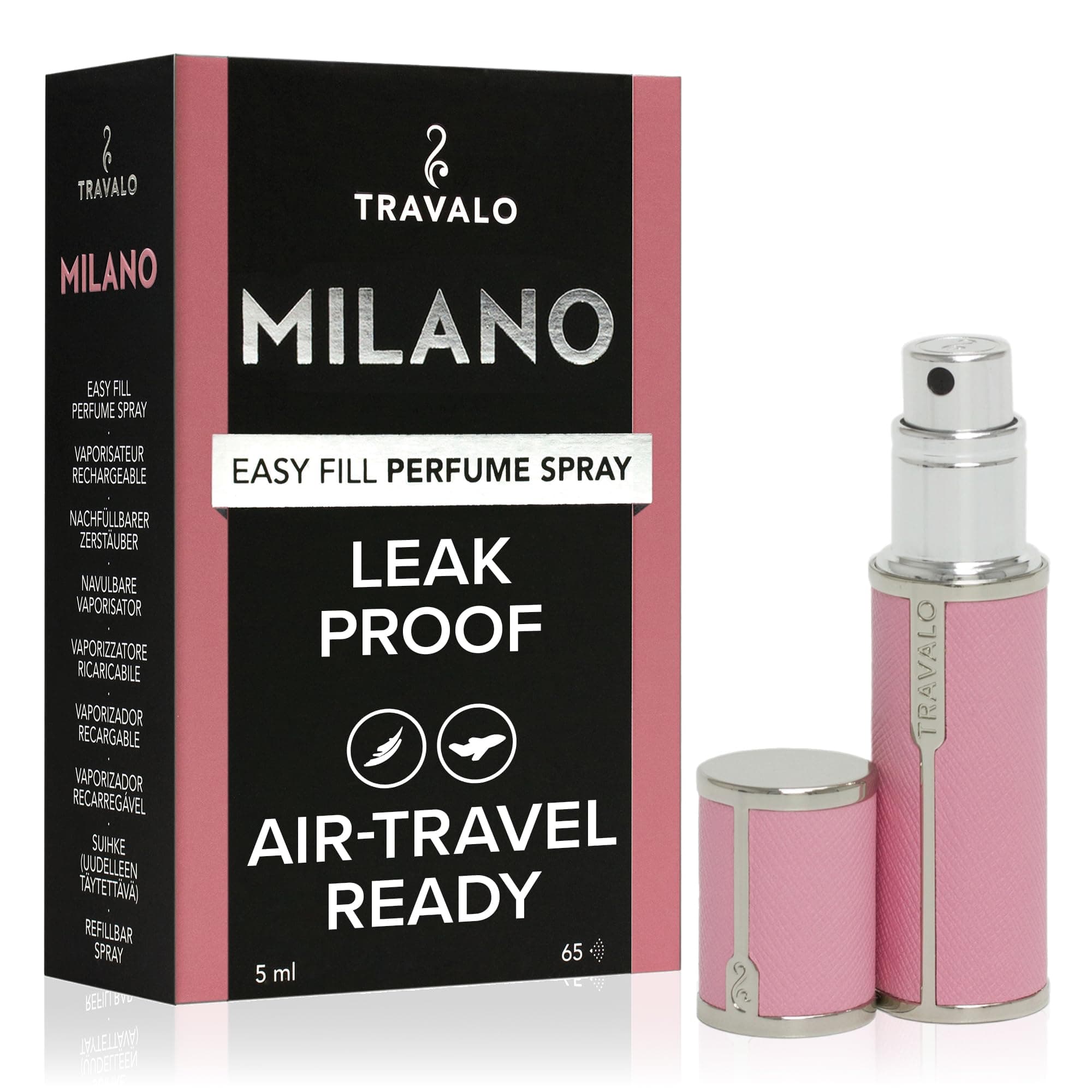 Milano Perfume Atomizer - Leak-Proof and TSA Approved for Air Travel - Reusable, Airtight, Easy Fill Mini Pump Sprayer - Lightweight Vegan Leather w/Polished Metal Outer Shell - Perfect Pink