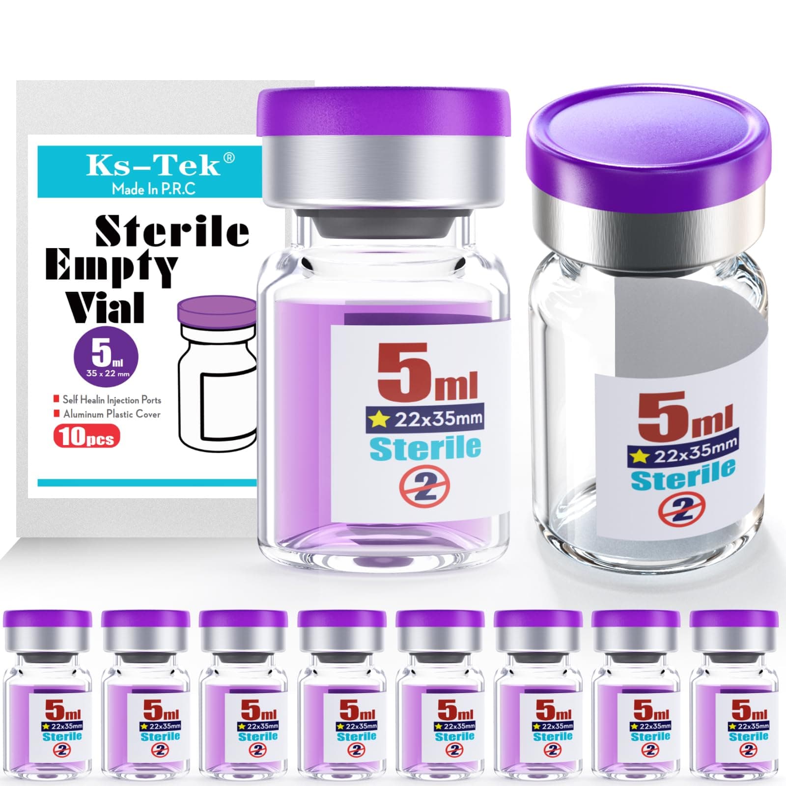 Ks-Tek Sterile Empty Vials with Self Healing Injection Port,with Flip Off Aluminum Cap,Sterile Package (5ml,10)