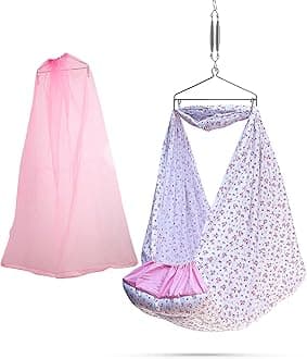 beetot Cotton New Born Baby Swing Cradle (Jhula) | Cradle Cloth With Removable Mattress Bed, Mosquito Net, Weight Capacity Up To 20Kg | Age From 0-12 Months (Floral Pink)