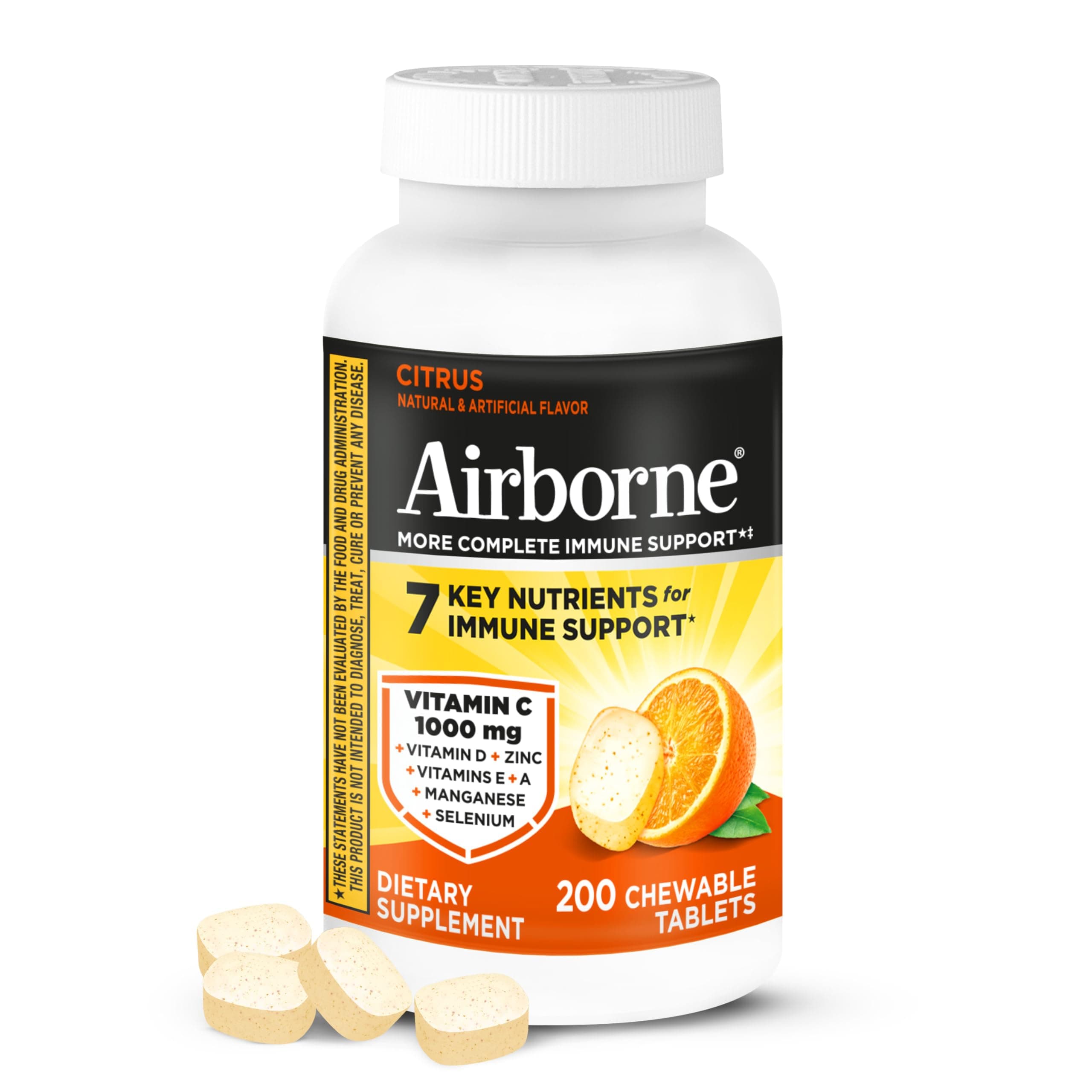 Airborne 1000mg Chewable Tablets with Zinc, Immune Support Supplement with Powerful Antioxidants Vitamins A C & E - 200 Tablets, Citrus Flavor