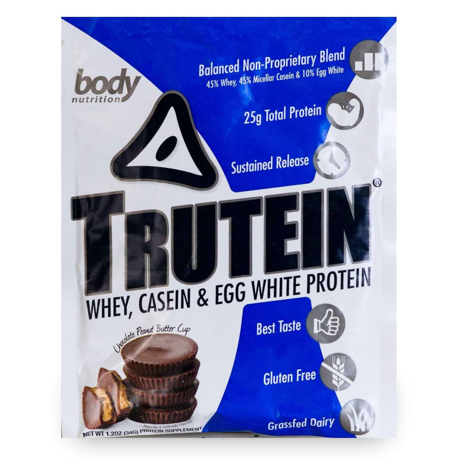 Trutein High Protein Powder: 45% Whey, 45% Casein, 10% Egg White, Gluten-Free, Low Sodium, Grass Fed Whey Protein, Gym Supplement & Breakfast Shake, Chocolate Peanut Butter, 34g Sample
