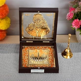 JAIPUR ACE Om Sai Ram Shirdi Sai Baba Gold Plated Charan Paduka Yantra for Health, Wealth, Prosperity & Success with Wooden Box for House Warming and Gift