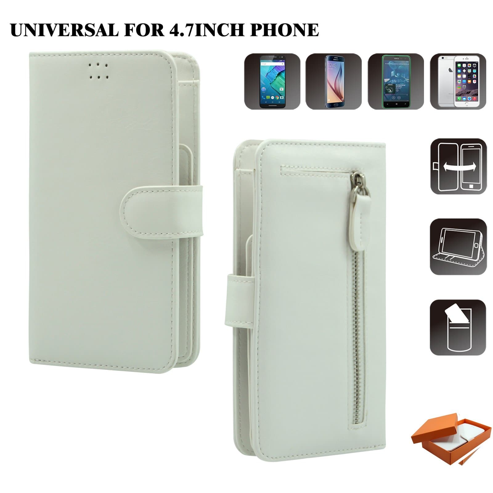 Asia Innomax OZBO White - Universal Wallet Case - For iPhone 6/6s - Samsung Galaxy S6 Edge Case - Galaxy S5 S4 - Nexus 6p 5x Case - Faux Leather - Universal Wallet Cases - For 4.7Inch Phone