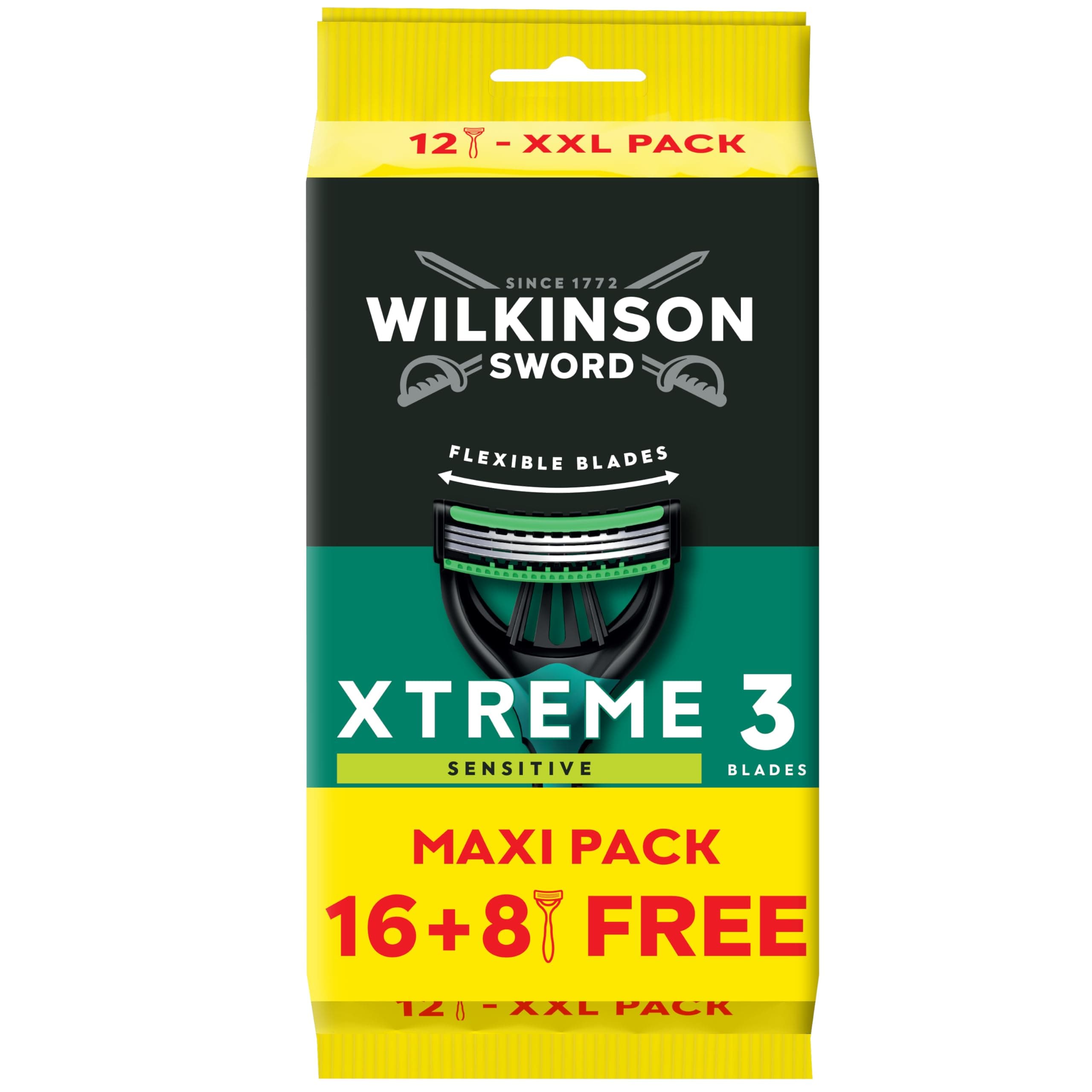WILKINSON SWORD - Xtreme 3 For Men | Sensitive | Disposable Razors | Flexible Blades | Pack of 16 Razors + 8 FREE