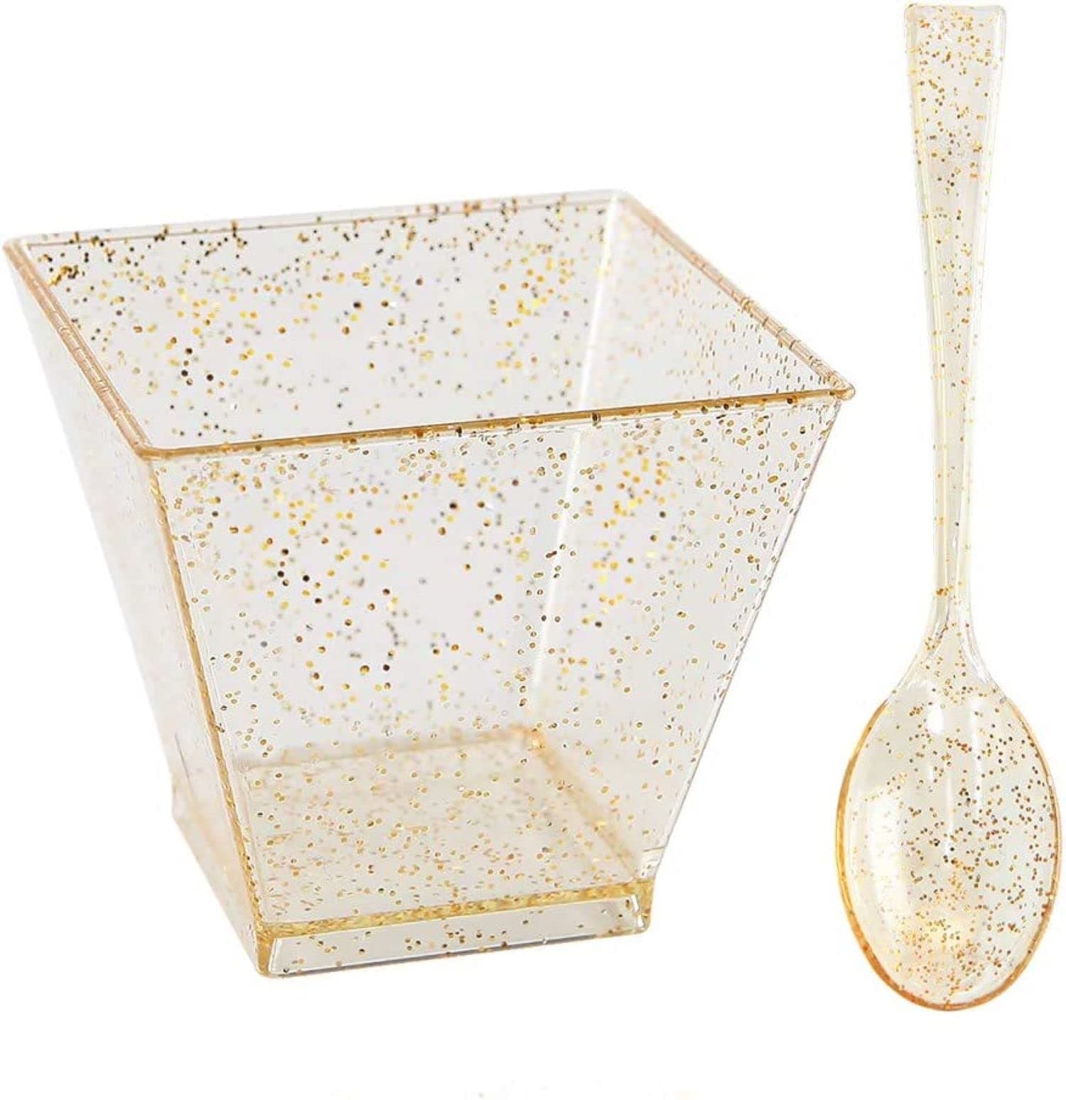 Pack of 100 Square Plastic Dessert Cups with Spoons Small Tumbler Appetizer Cups, Great for Desserts, Appetizers, Puddings, Mousse, Parfait Reusable Serving (Gold, 2 oz/60ml)