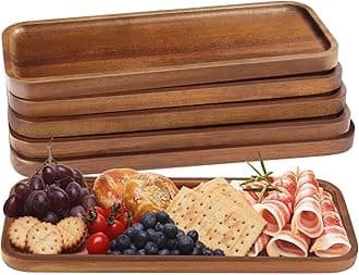 Solid Acacia Wood Serving Trays and Platters - Wooden Mini Charcuterie Boards, Rectangle Small Cheese Board for Food, Bathroom, Home Decor, Kitchen Counter, (14"x5.5", 6 Pack)
