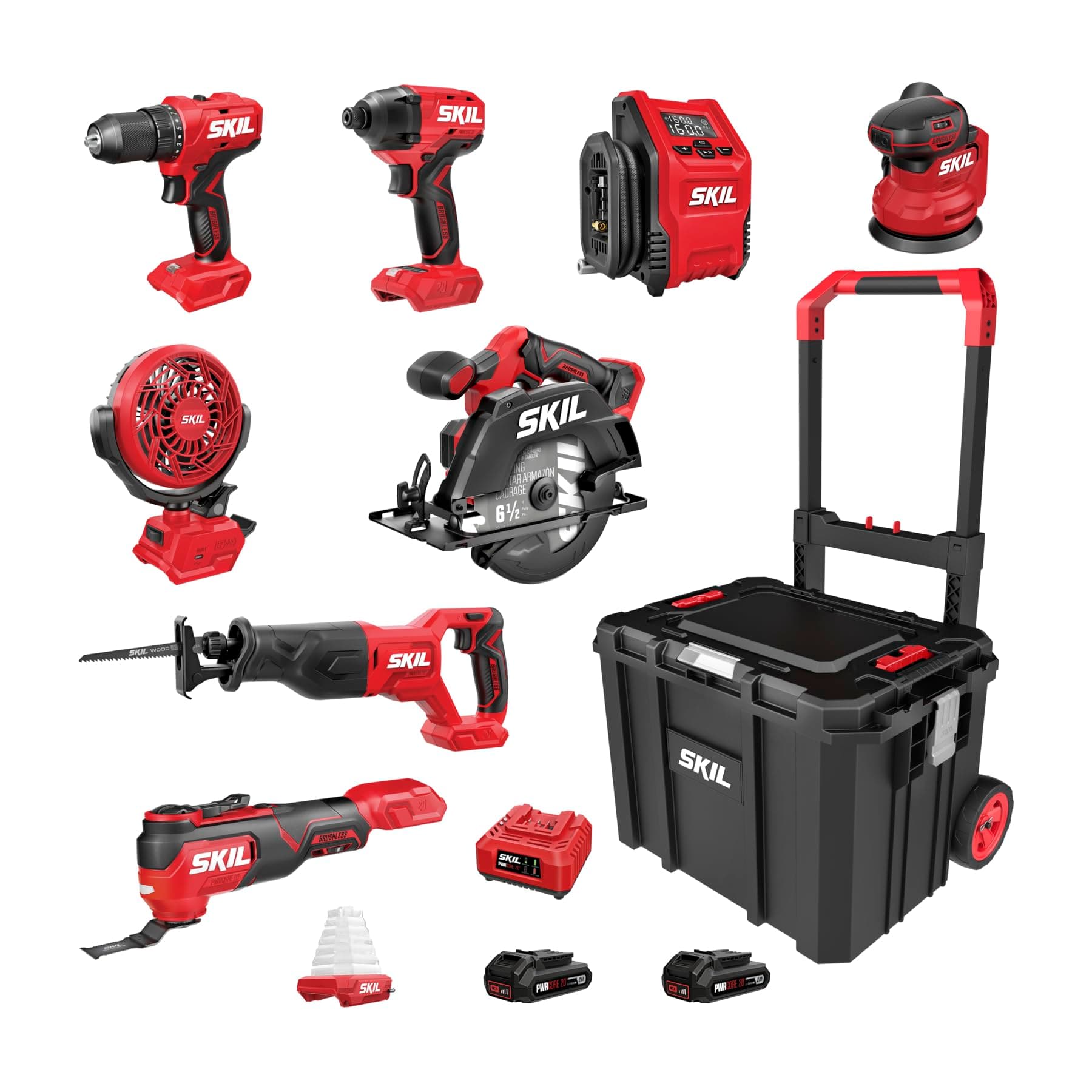 PWR CORE 20V Brushless 9-Tool Power Tool Combo Kit Including 2 * 2.0Ah Batteries, Charger, and Rolling Tool Box -CB8009B-20