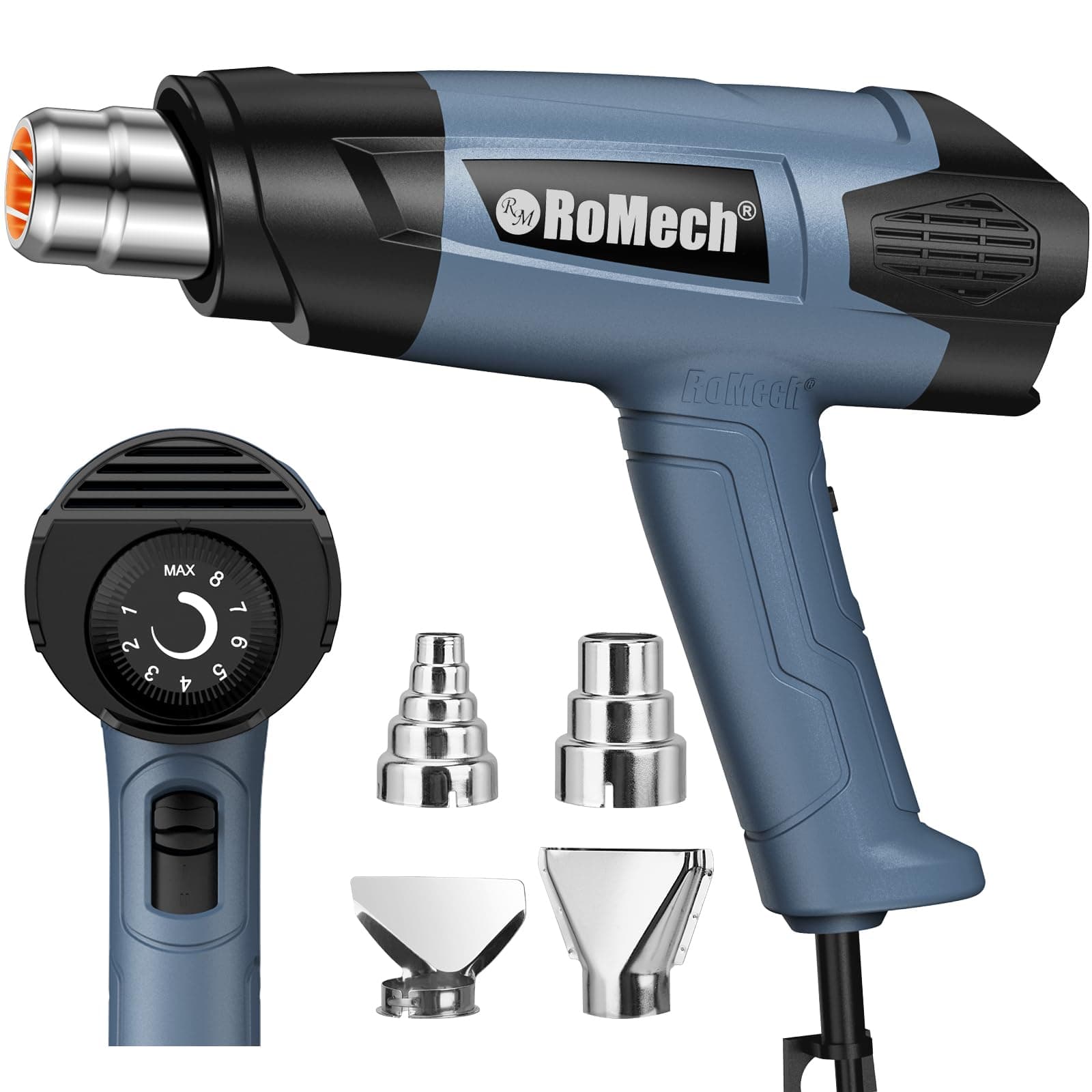 ROMECH 1500W Heavy Duty Heat Gun, Variable Temperature Control Hot Air Gun Kit with 2 Air Flow 120°F~1200°F and 4 Nozzles for Crafts Shrink Wrap (Blue)