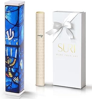 SURI Contemporary Mezuzah Cases | 4 Inch Modern Mezuzah for Door with Blue and Silver Marc Chagall Design | Made of Aluminum | Includes Self-Stick Back, Non-Kosher Scroll and Gift Box