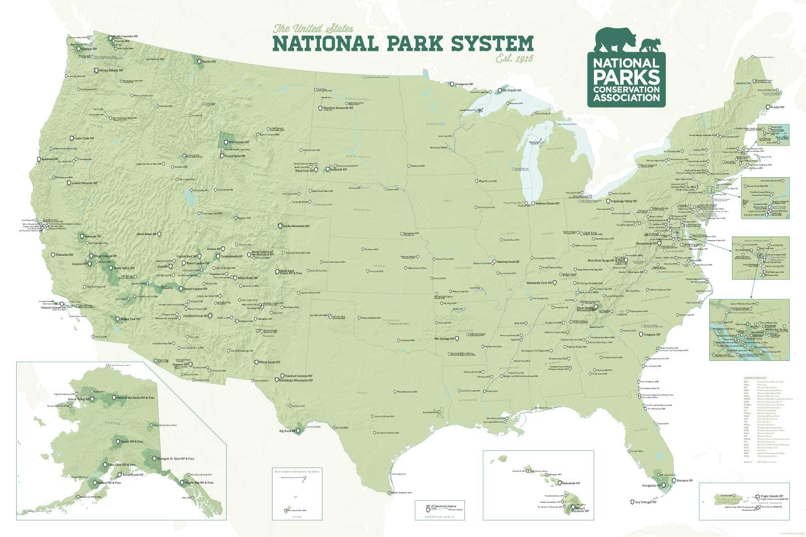 NPCA National Park System Units Map 24x36 Poster (Sage & White)