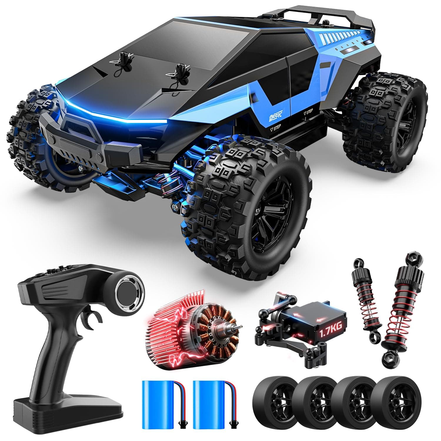 DEERC 1815 1/18 All Terrain Fast Drift & Racing RC Car, 40KM/H Remote Control Truck with Futuristic Body Shell, Extra Drift Wheels, 2.4GHz Waterproof Off-Road Vehicle with 2 Batteries for Kids & Adult