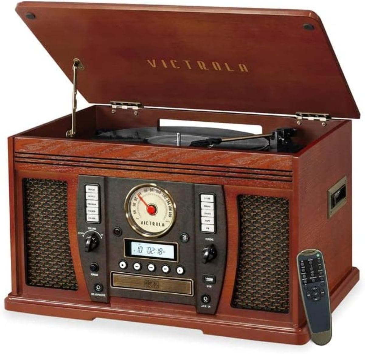 Aviator 8-in-1 Bluetooth Record Player & Multimedia Center with Built-in Stereo Speakers - 3-Speed Turntable, Vinyl to MP3 Recording, Wireless Music Streaming, Mahogany