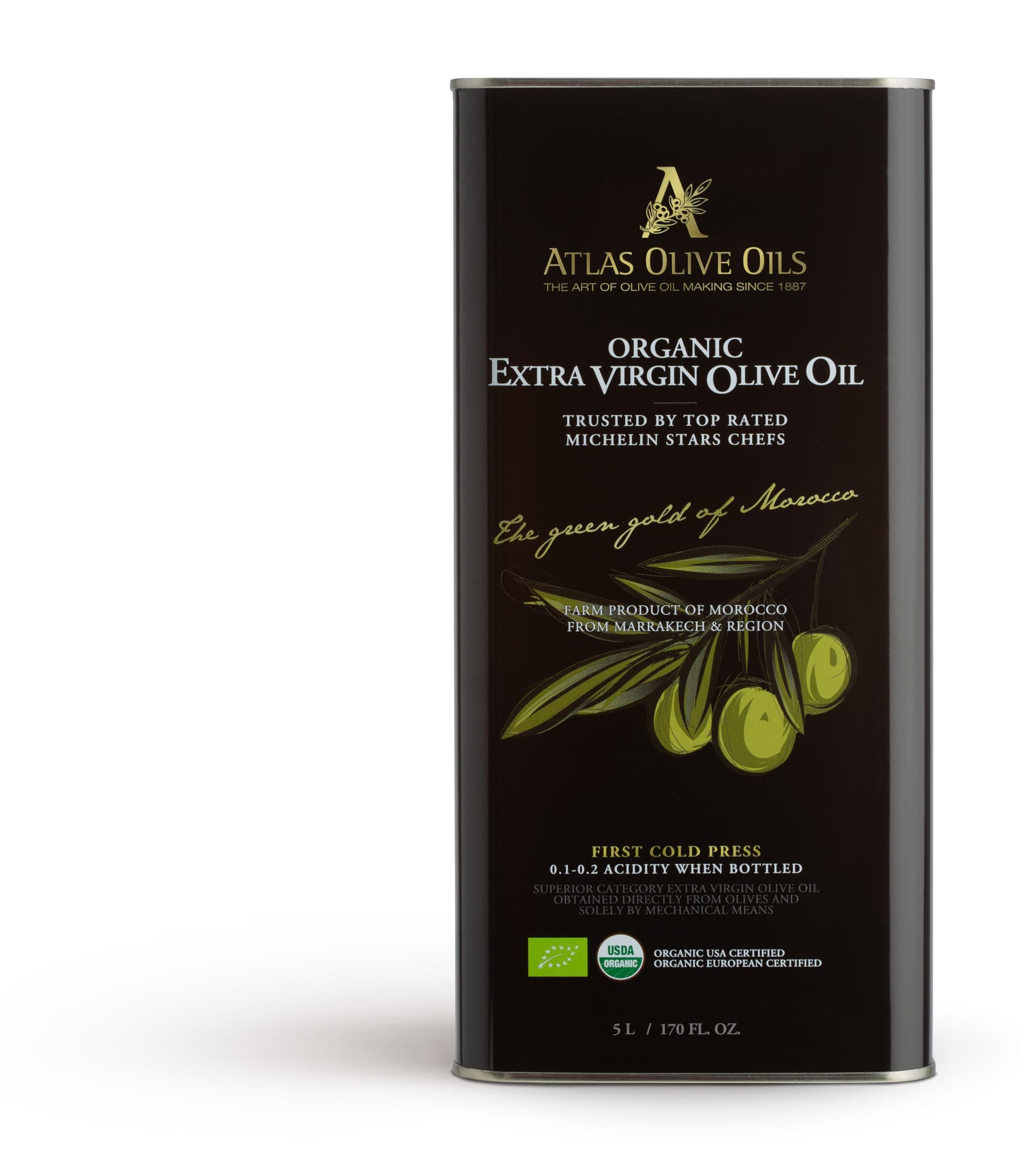 A ATLAS OLIVE OILS Bulk Organic Cold Pressed Moroccan Extra Virgin Olive Oil, Polyphenol Rich, Newly Harvested Unprocessed from One Single Family Farm Cold Press Ext. Virgin 170 Fl Oz (Pack of 1)