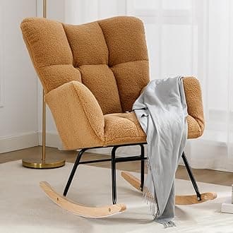 NIOIIKIT Nursery Rocking Chair Teddy Upholstered Glider Rocker Rocking Accent Chair Padded Seat with High Backrest Armchair Comfy Side Chair for Living Room Bedroom Offices (Kahaki Teddy)