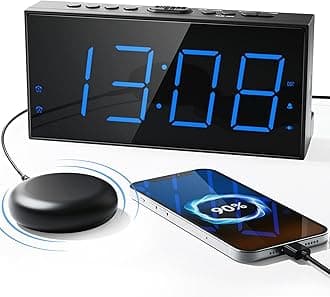 Roxicosly Loud Alarm Clock with Bed Shaker, Vibrating Alarm Clock for Heavy Sleepers/Hard of Hearing/Deaf,Dual Alarms, 7.5’’ Large LED Display, Dimmer, USB Charging Port, Plug-in with Memory Function