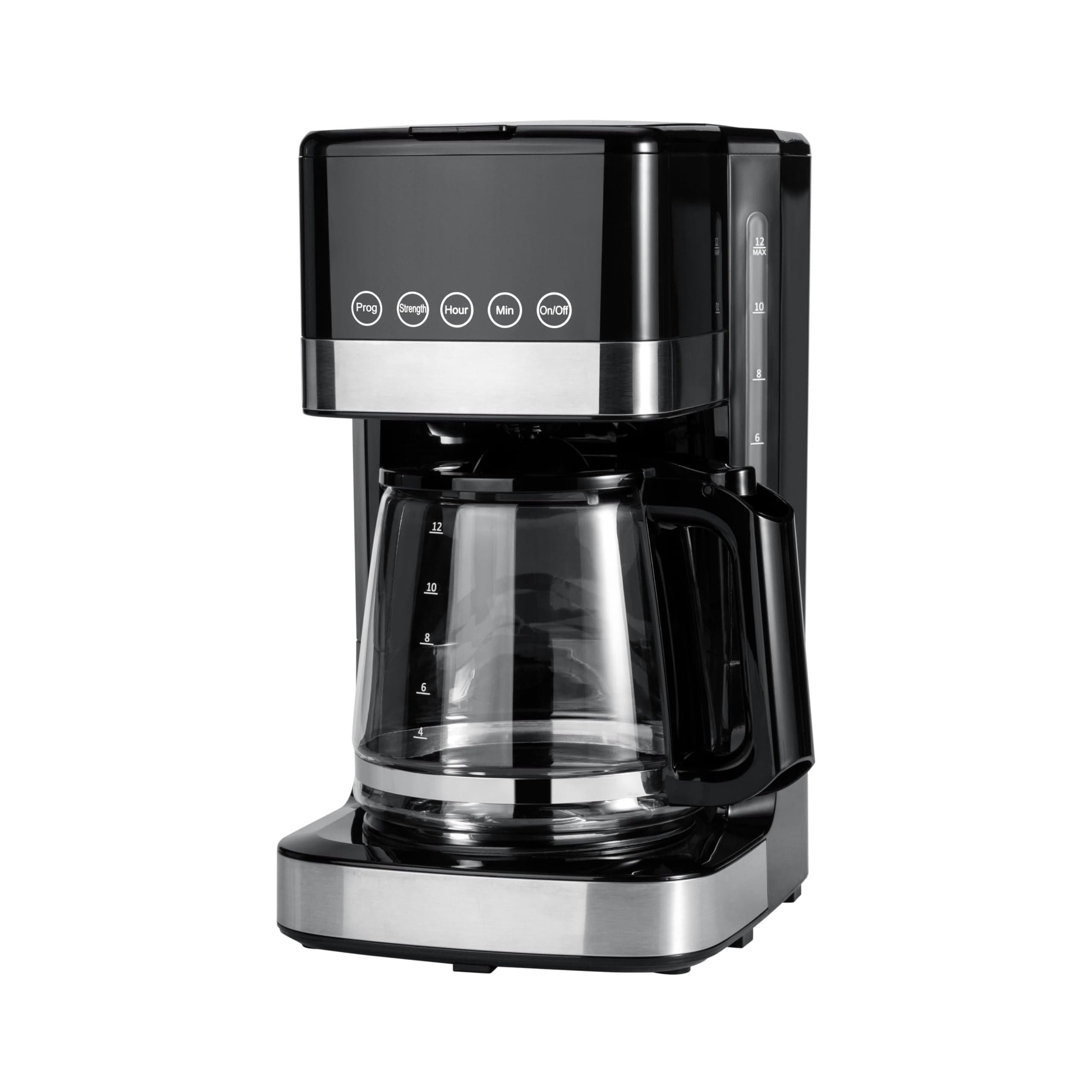 Amazon Basics Programmable 12 Cup Drip Coffee Maker with Glass Coffee Pot (1.9 Qt), Auto Shut-off, Touch Screen, Auto Pause, Removable Filter Basket, Black & Silver