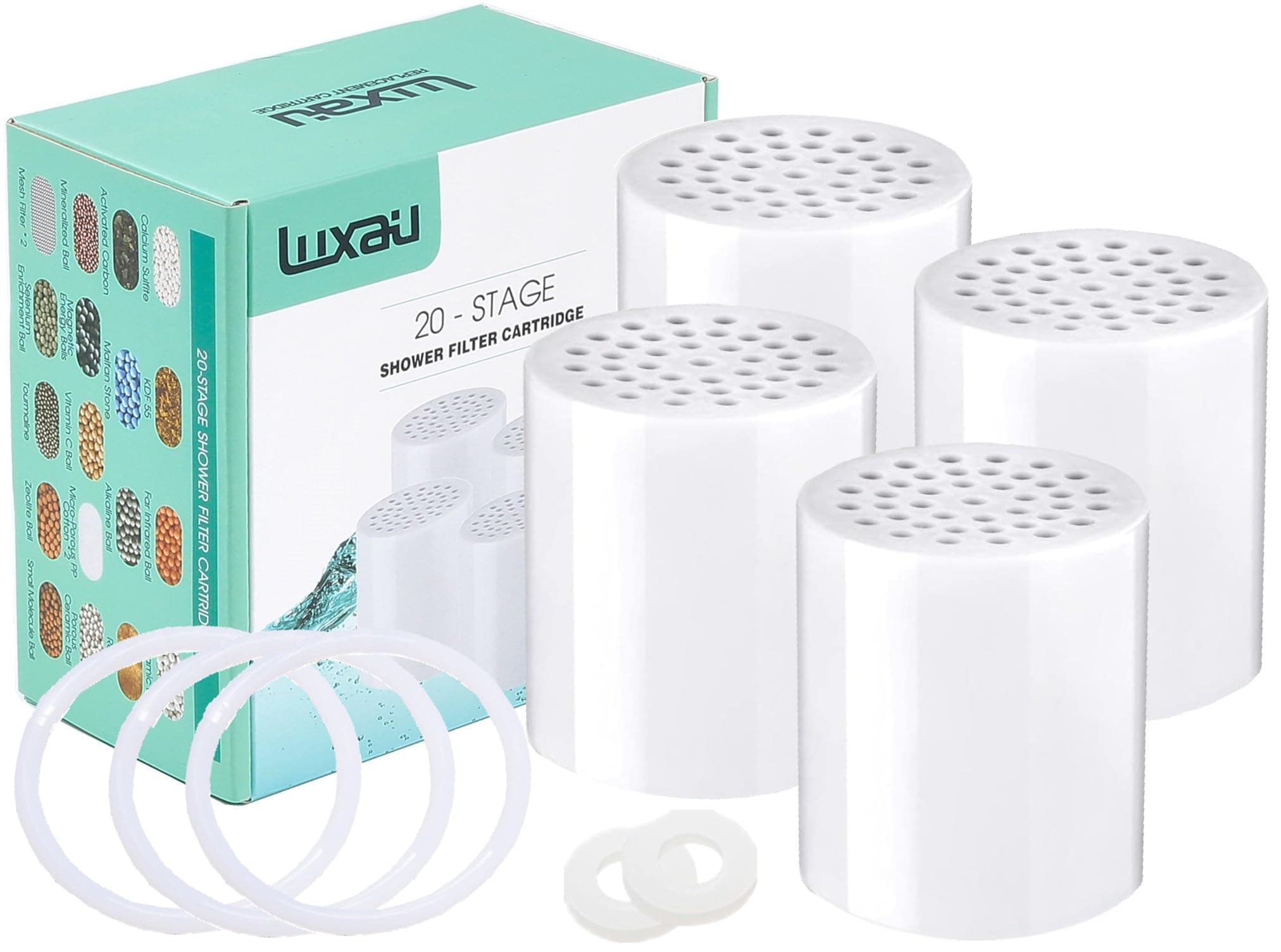 4 Pc Luxau 20 Stage (Also Fit 15, 18 Stage) Shower Filter Replacement Cartridge, Shower Head Filter Refill, for Hard Water Chlorine Heavy Metal, Skin Hair, Fit Any Similar Design Shower Water Filter